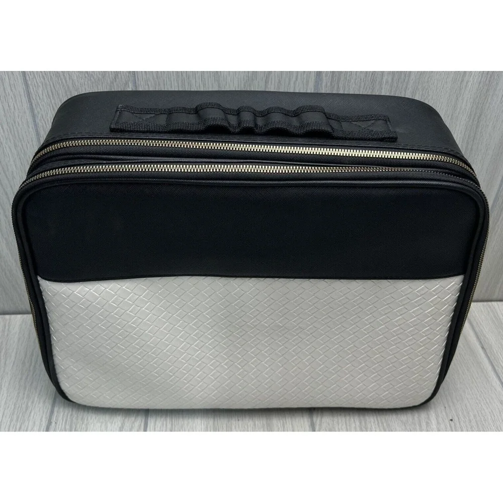 XL Makeup Jewelry Case Ivory Black Adjustable Compartments Travel Train Box